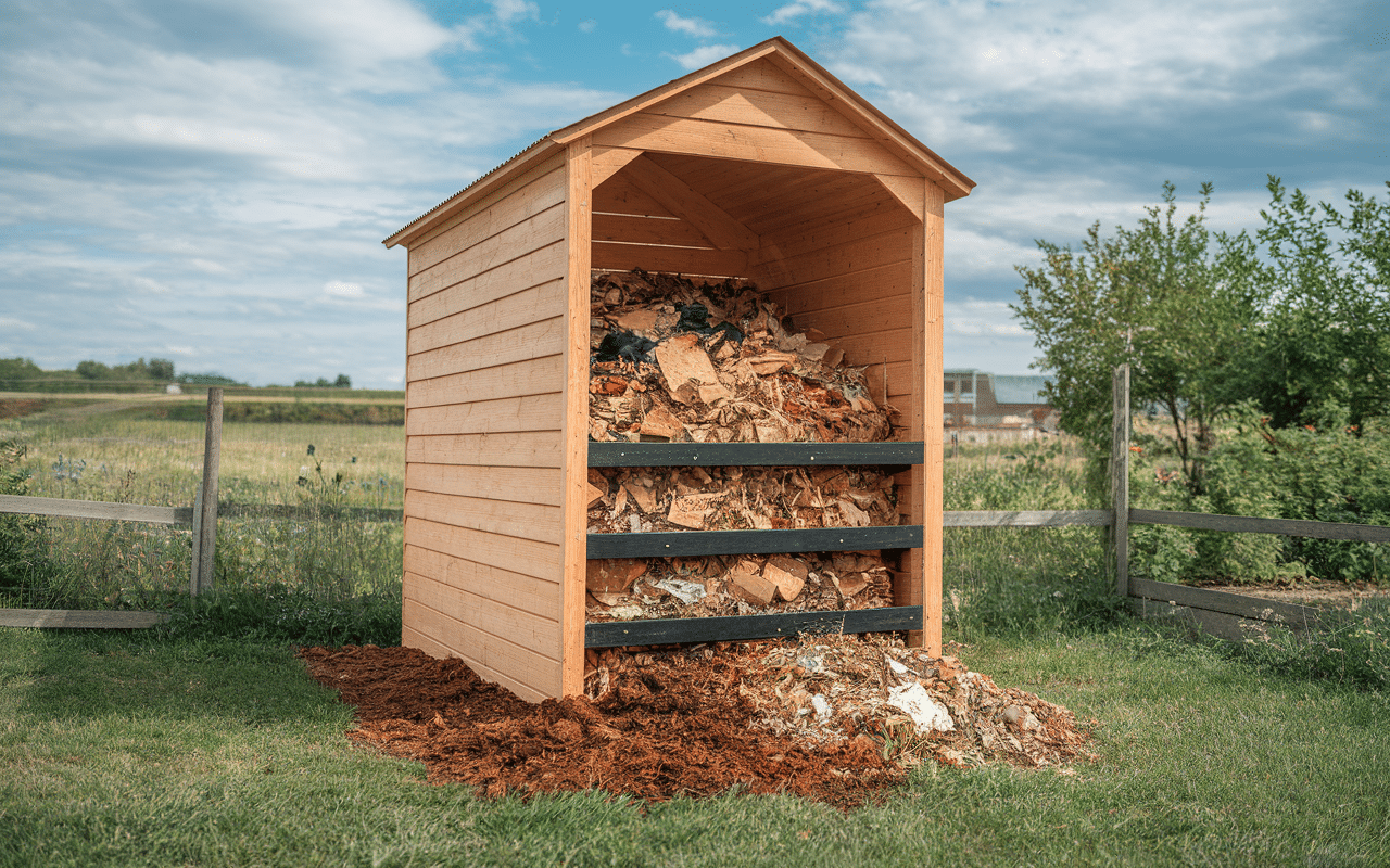 Composteur en bois dans un jardin