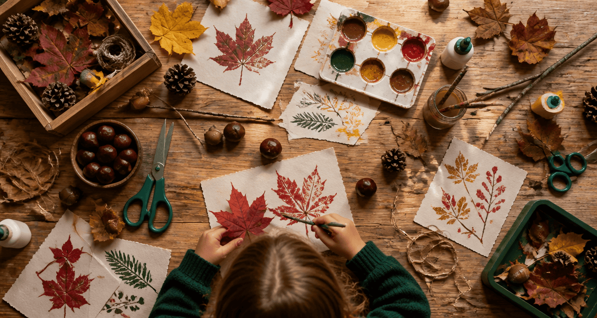 Atelier créatif d'automne avec des feuilles sur une table en bois